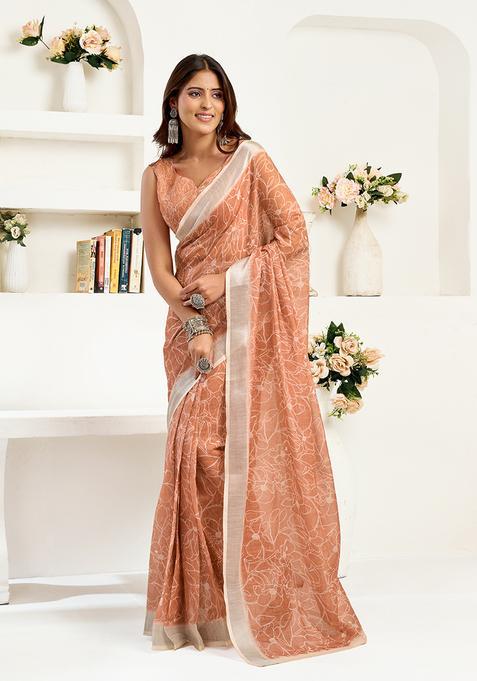 Peach Printed Linen Saree Set