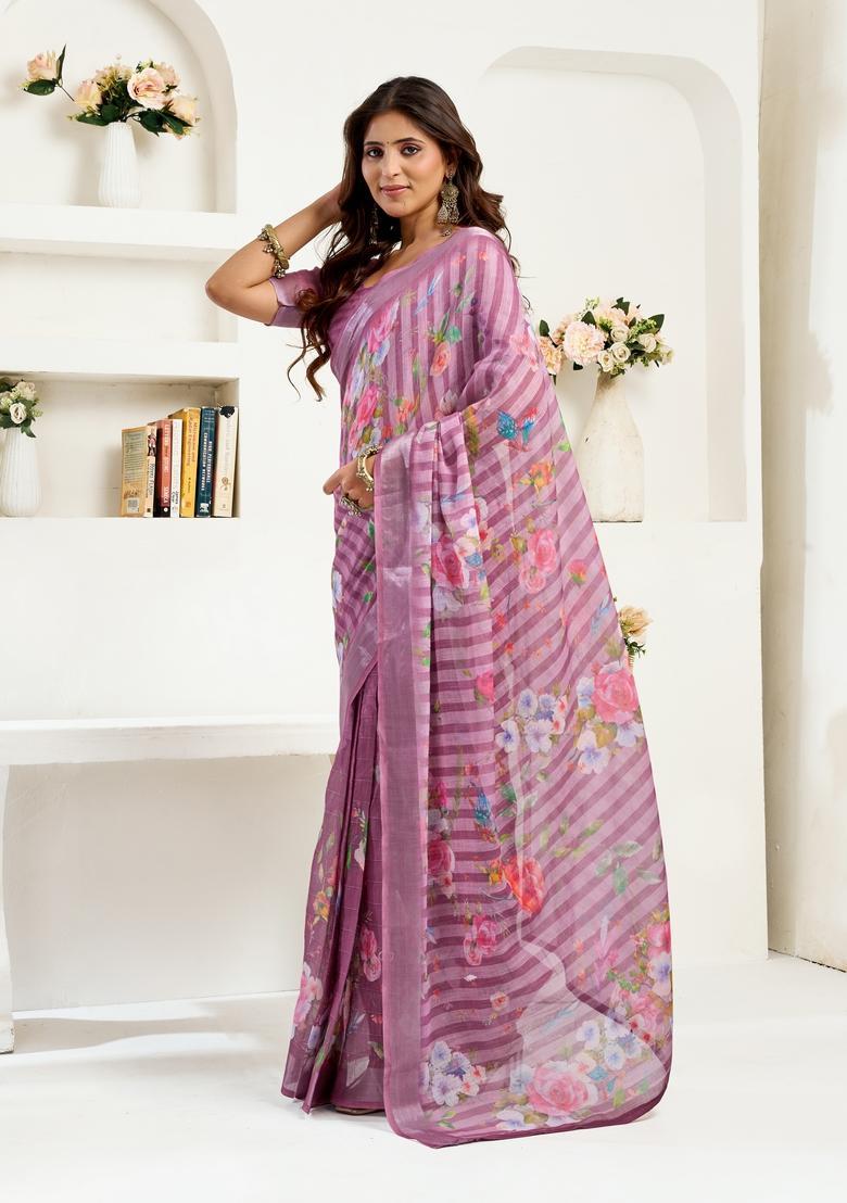 Purple Printed Linen Saree Set - Indya