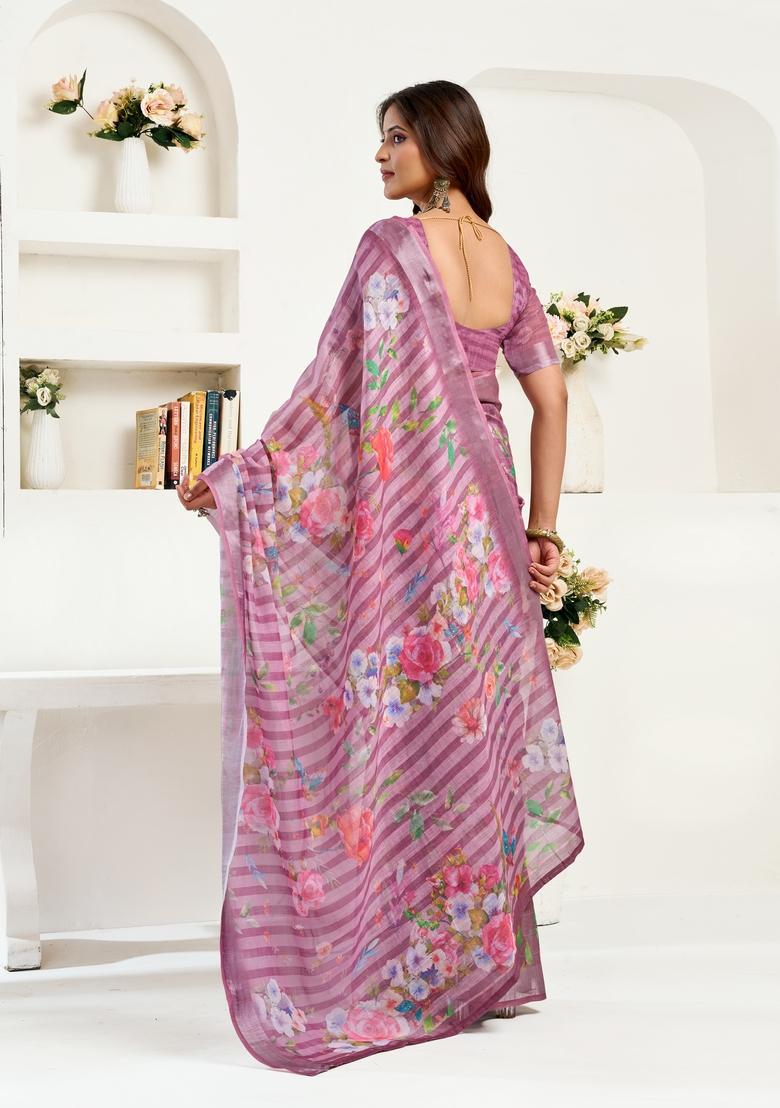Purple Printed Linen Saree Set - Indya