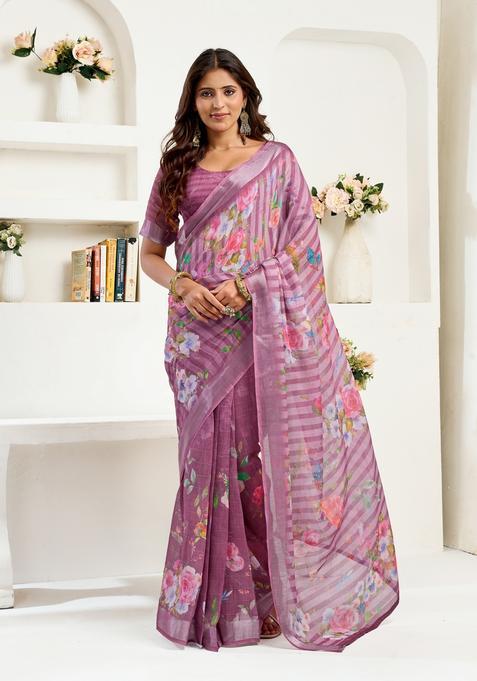 Purple Printed Linen Saree Set