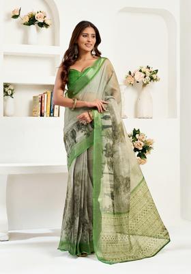 Green Printed Linen Saree Set