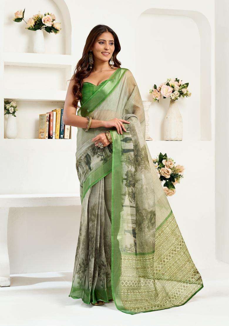 Green Printed Linen Saree Set - Indya