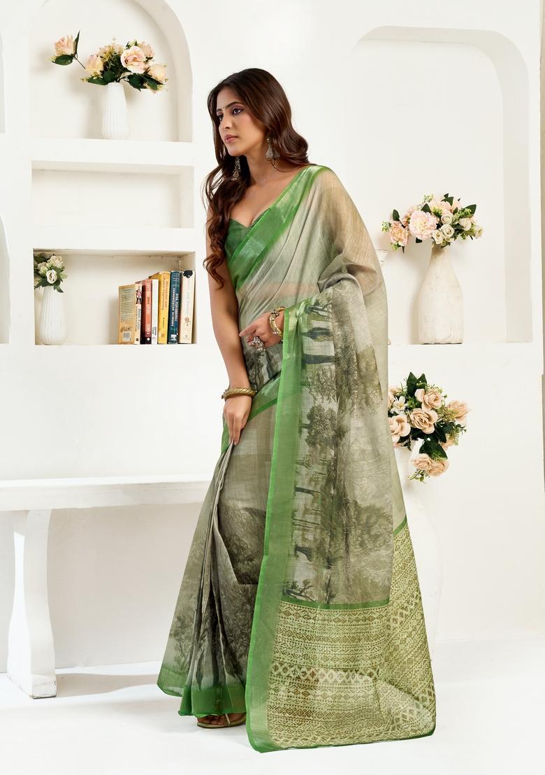 Green Printed Linen Saree Set - Indya