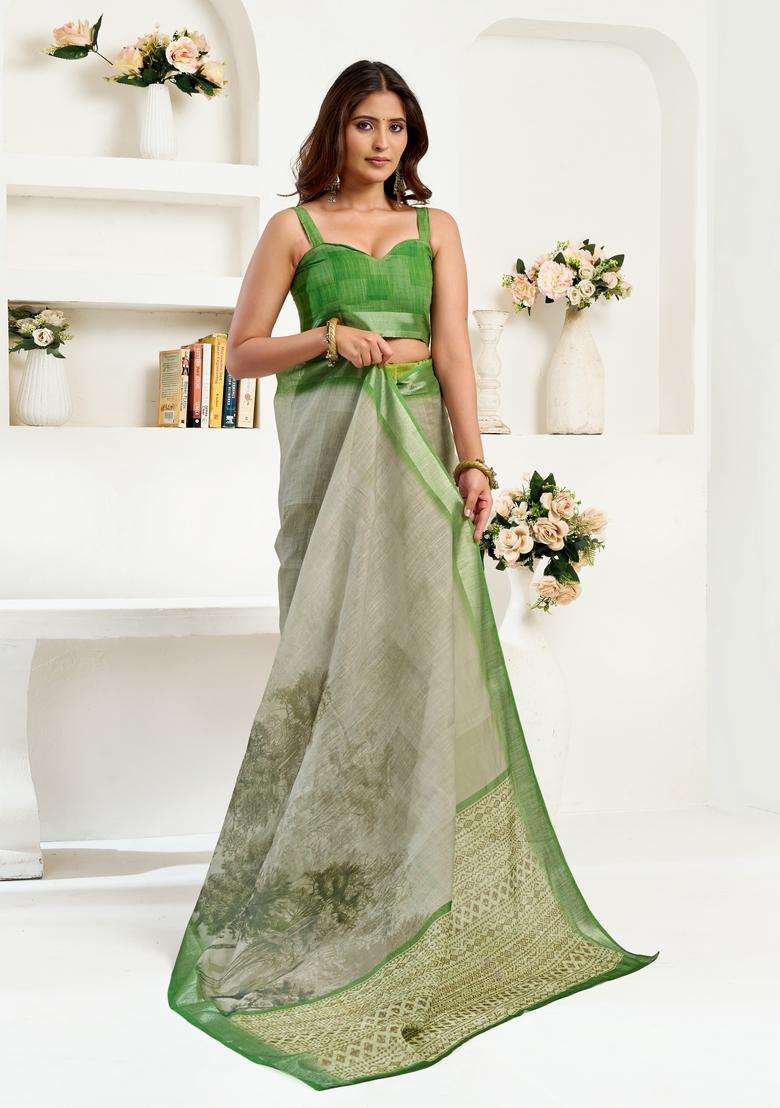 Green Printed Linen Saree Set - Indya