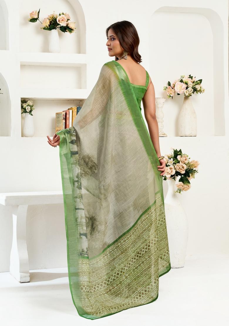 Green Printed Linen Saree Set - Indya