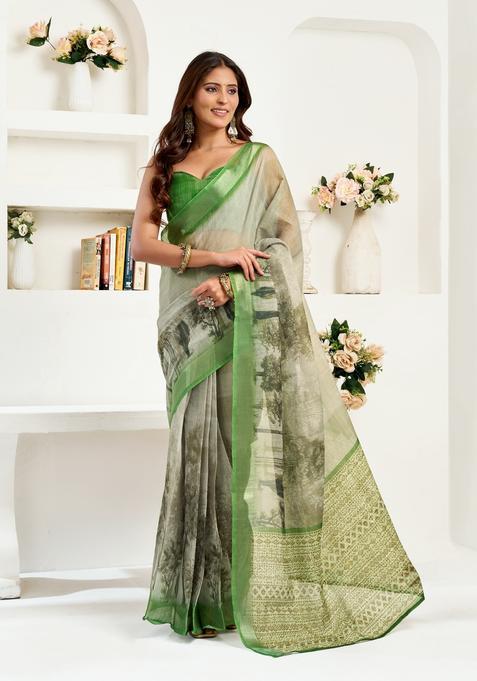 Green Printed Linen Saree Set
