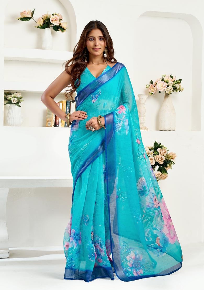 Sky Blue Printed Linen Saree Set - Indya