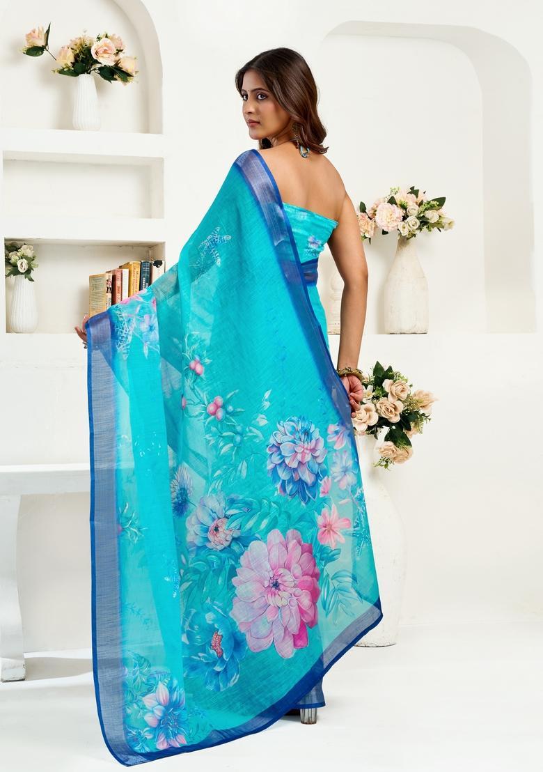 Sky Blue Printed Linen Saree Set - Indya