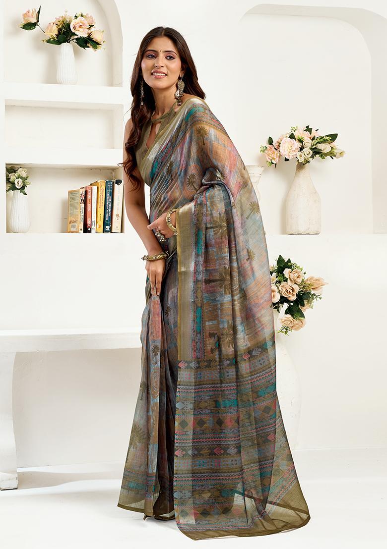 Mehendi Printed Linen Saree Set - Indya