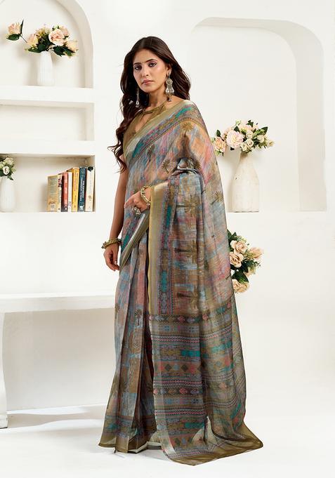 Mehendi Printed Linen Saree Set