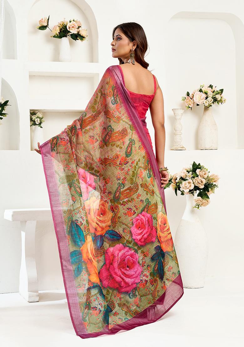 Pink Printed Linen Saree Set - Indya