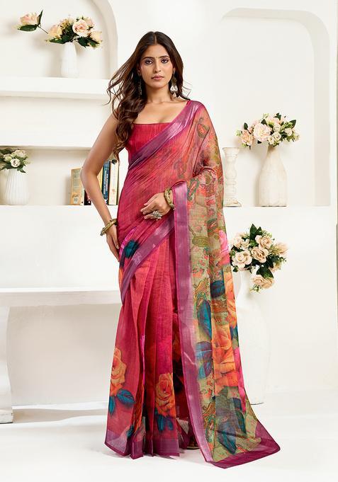 Pink Printed Linen Saree Set