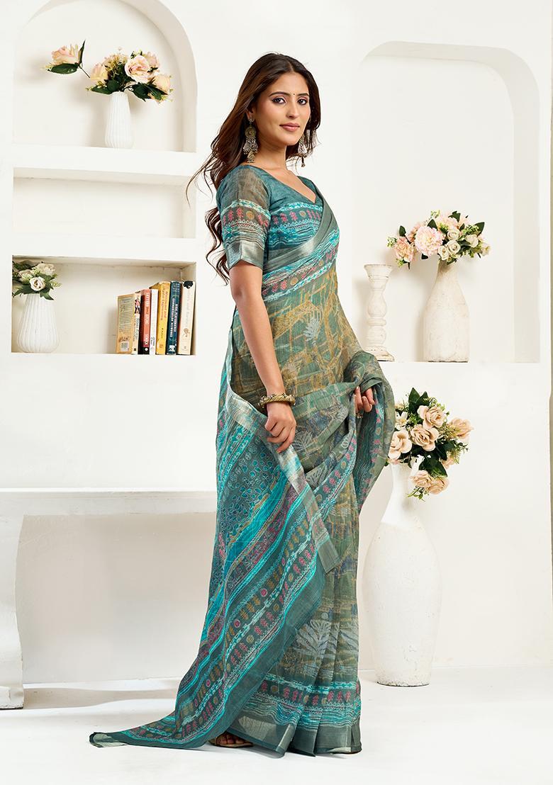 Green Printed Linen Saree Set - Indya