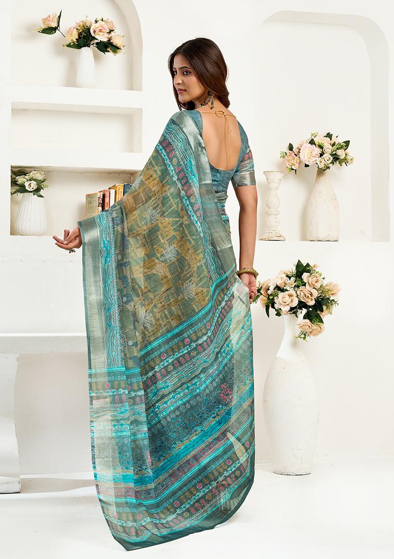 Green Printed Linen Saree Set - Indya