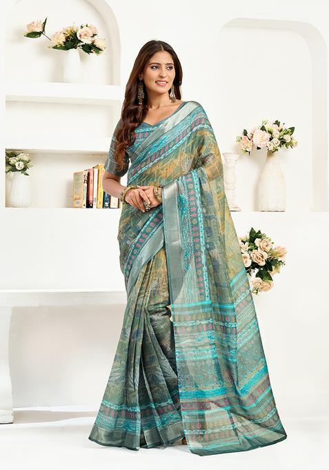 Green Printed Linen Saree Set