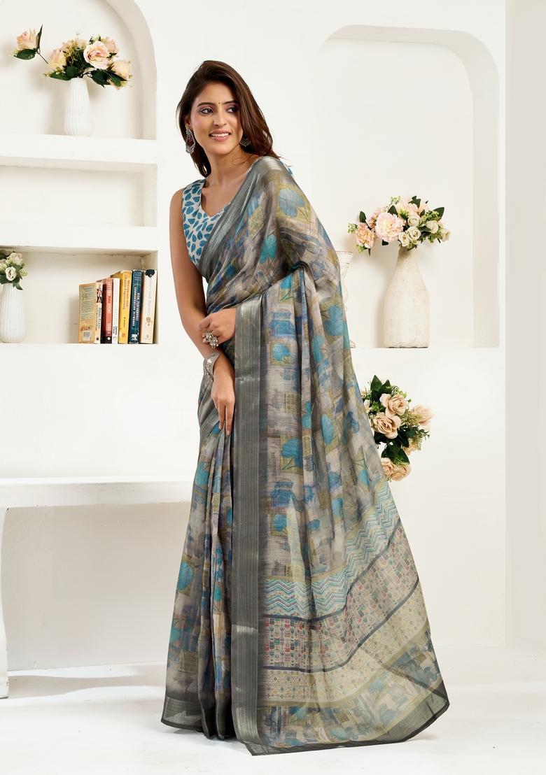 Grey Printed Linen Saree Set - Indya