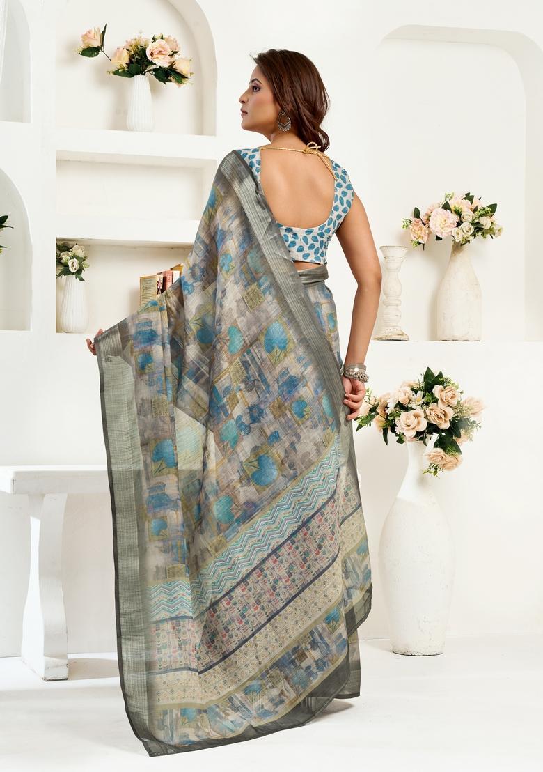 Grey Printed Linen Saree Set - Indya