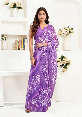 Purple Printed Linen Saree Set