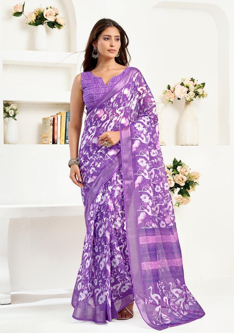 Purple Printed Linen Saree Set - Indya