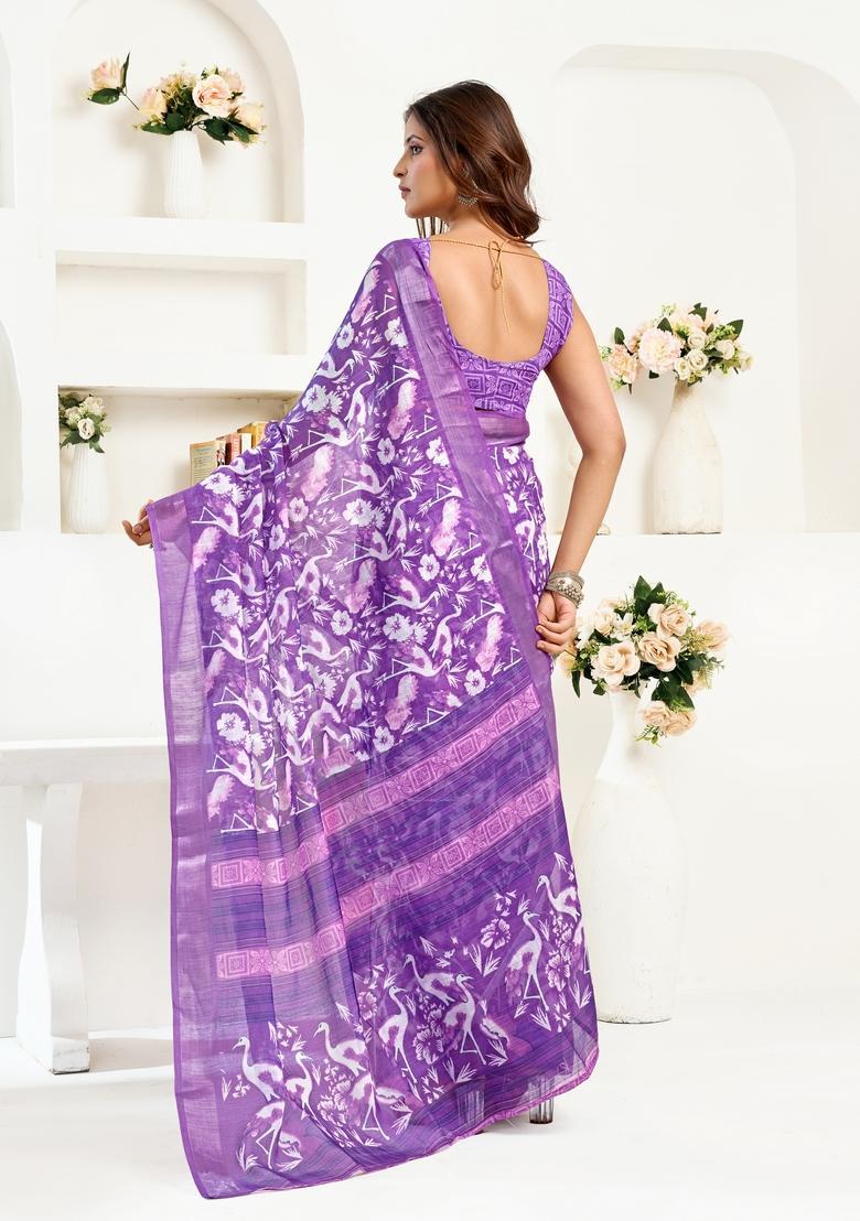 Purple Printed Linen Saree Set - Indya