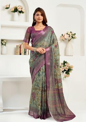 Green Printed Linen Saree Set