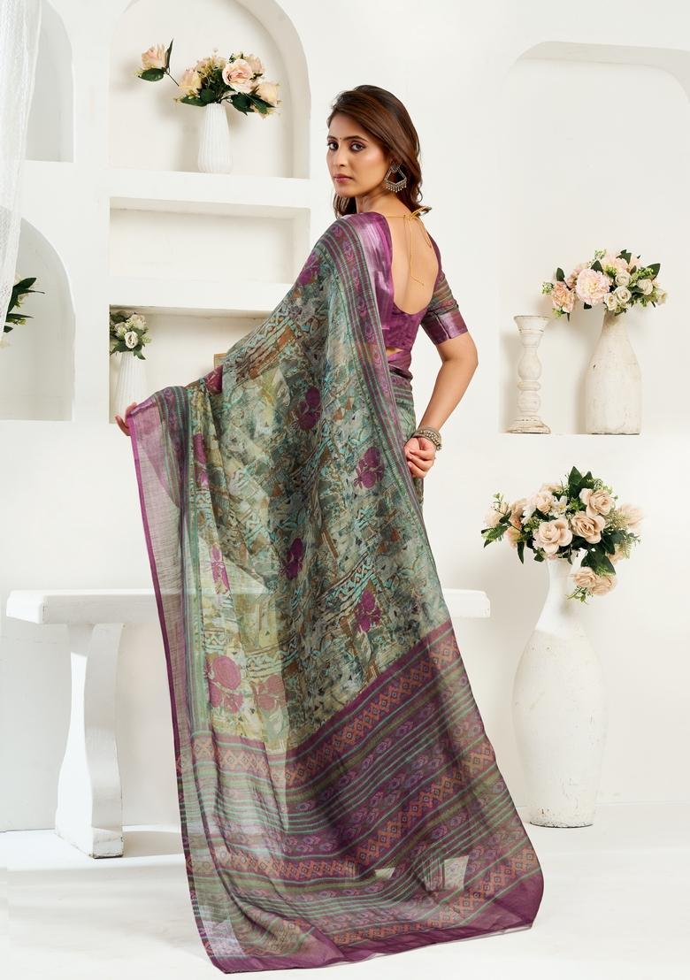 Green Printed Linen Saree Set - Indya