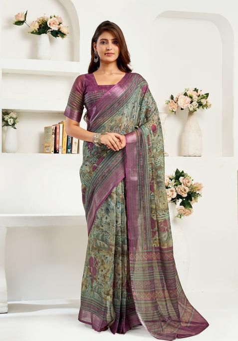 Green Printed Linen Saree Set