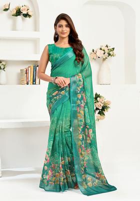 Green Printed Linen Saree Set