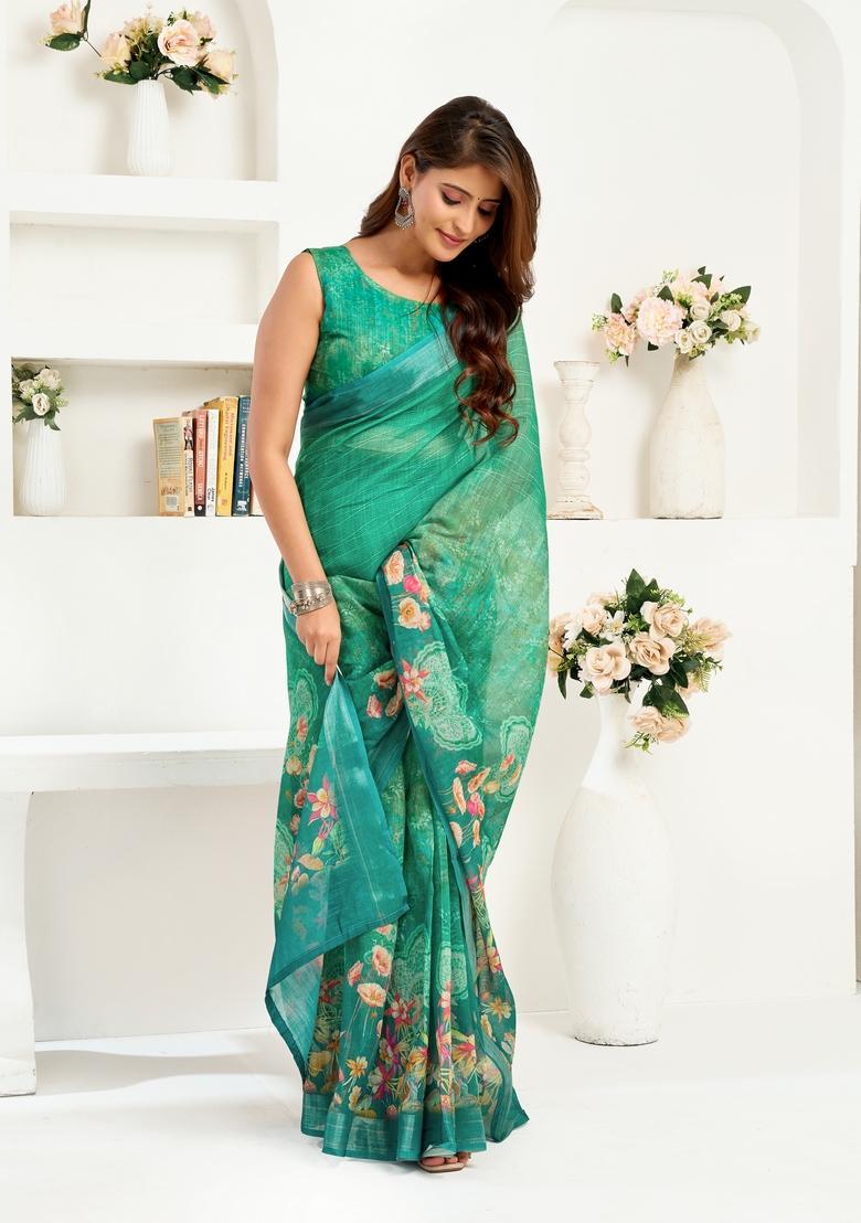 Green Printed Linen Saree Set - Indya