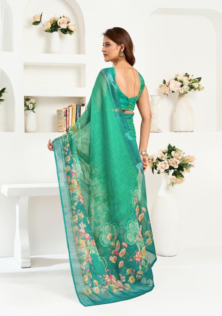 Green Printed Linen Saree Set - Indya