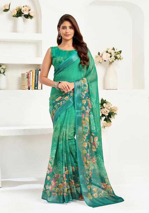 Green Printed Linen Saree Set