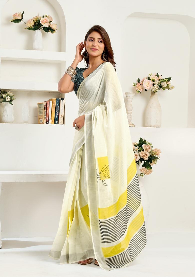 White Printed Linen Saree Set - Indya