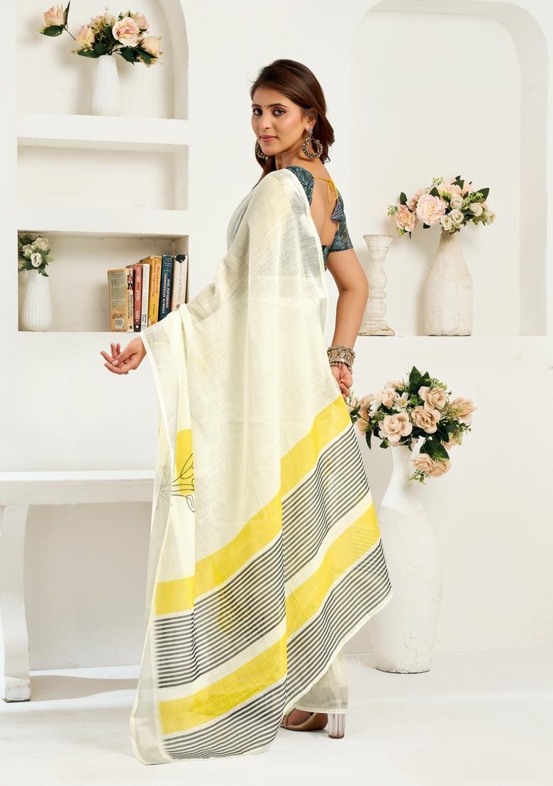White Printed Linen Saree Set - Indya