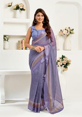 Lavender Printed Linen Saree Set