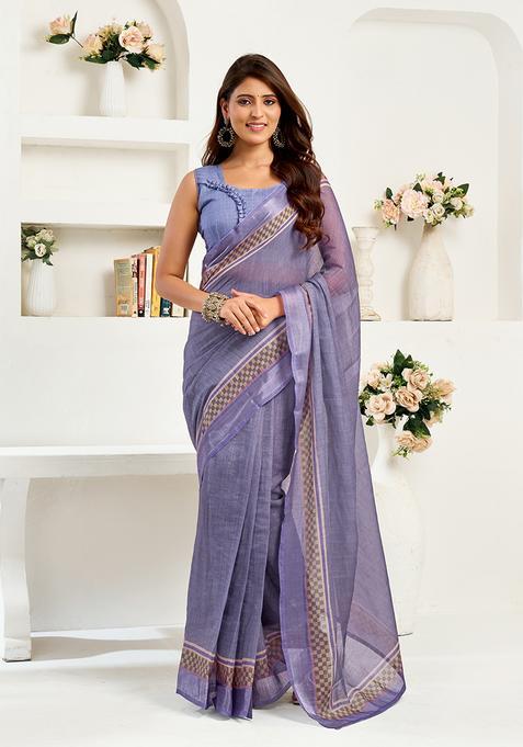 Lavender Printed Linen Saree Set
