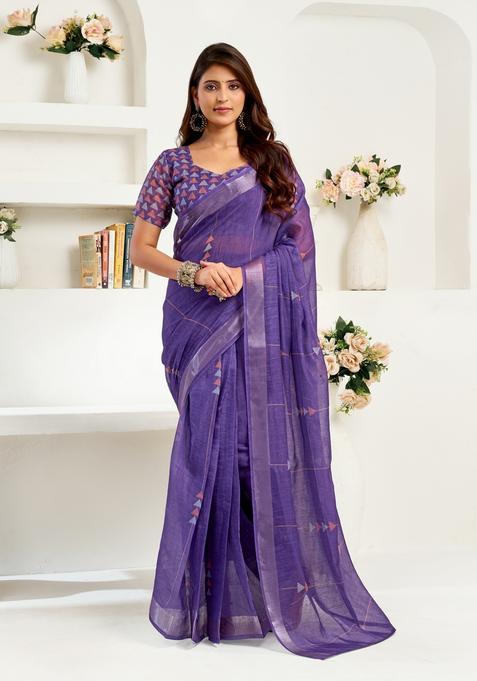 Purple Printed Linen Saree Set