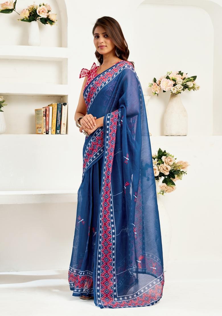 Navy Blue Printed Linen Saree Set - Indya