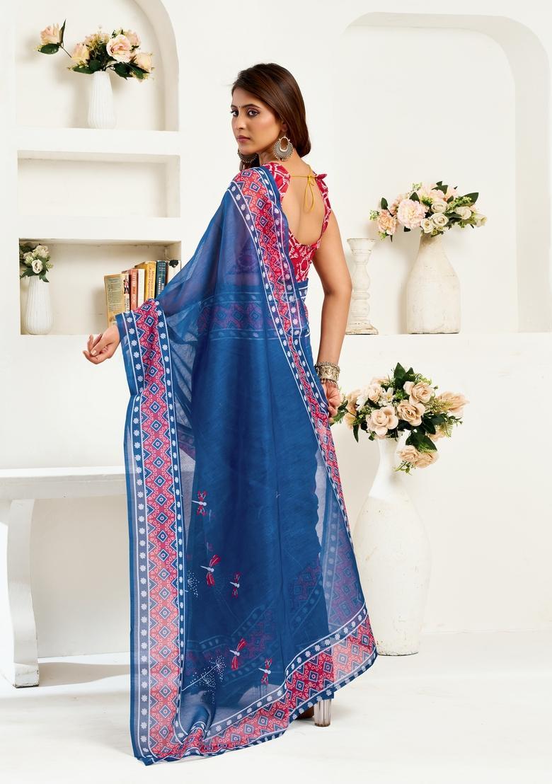 Navy Blue Printed Linen Saree Set - Indya