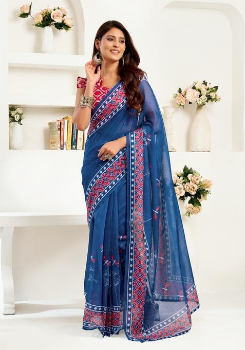 Navy Blue Printed Linen Saree Set