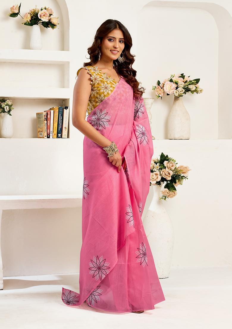 Pink Printed Linen Saree Set - Indya