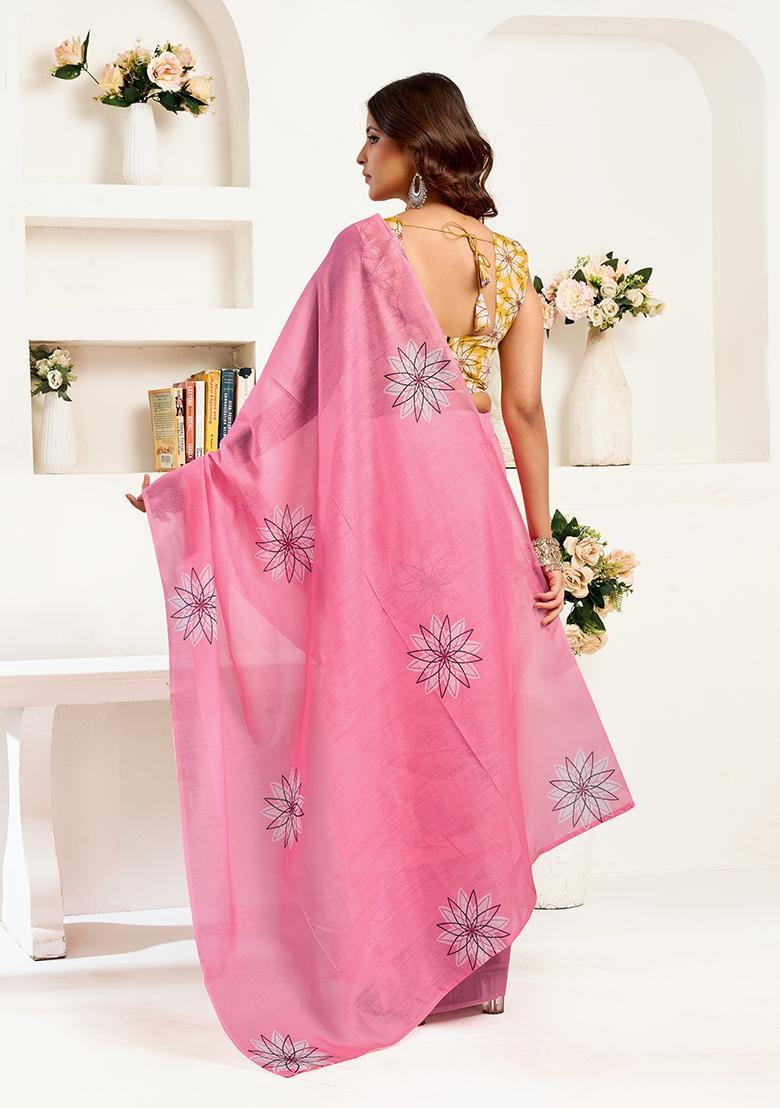 Pink Printed Linen Saree Set - Indya