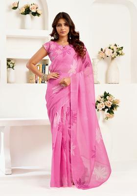 Pink Printed Linen Saree Set