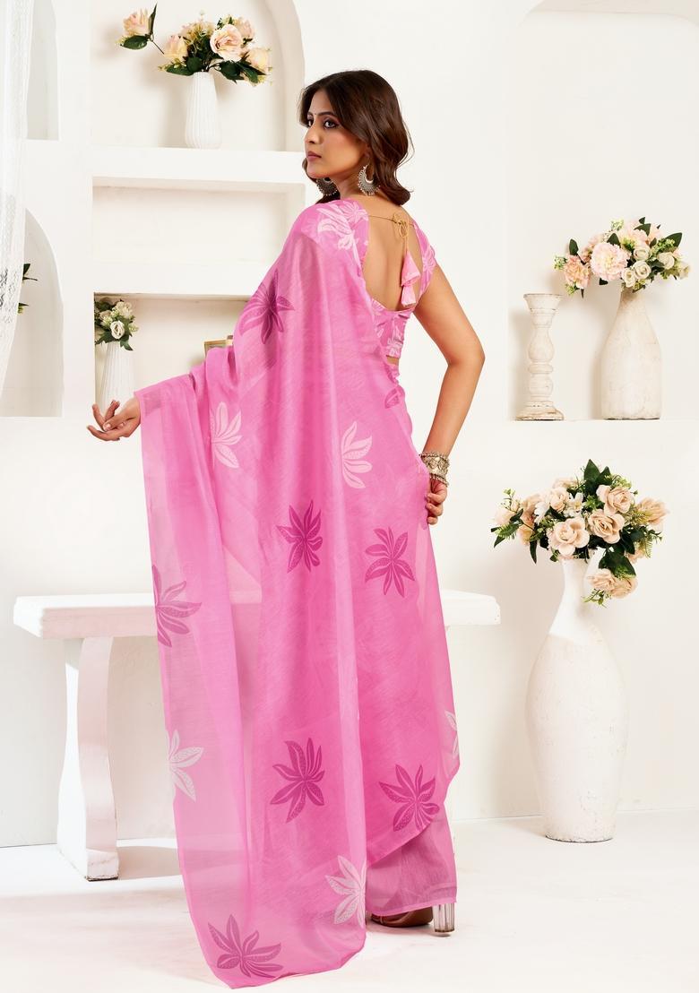 Pink Printed Linen Saree Set - Indya