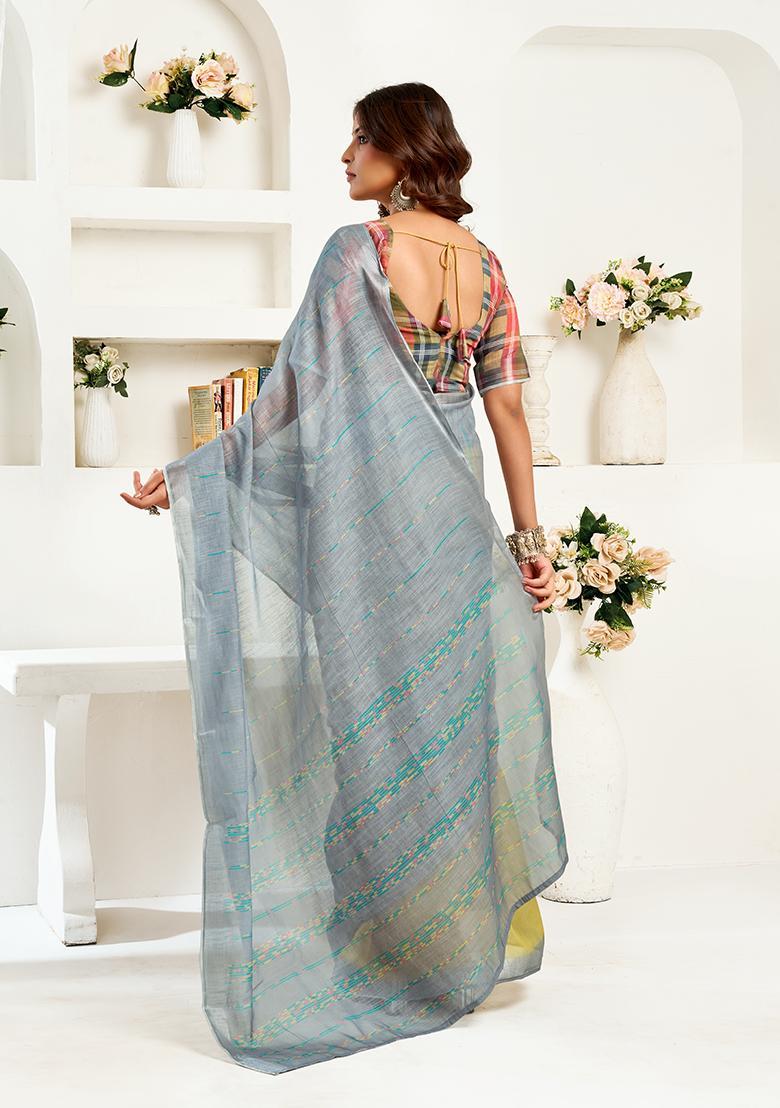 Grey Printed Linen Saree Set - Indya