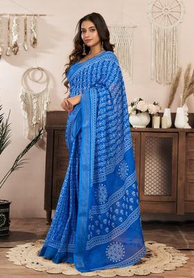 Navy Blue Printed Linen Saree Set