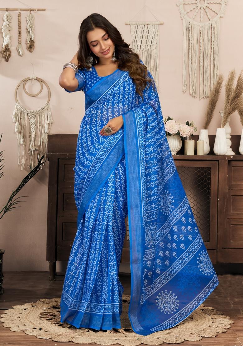 Navy Blue Printed Linen Saree Set - Indya