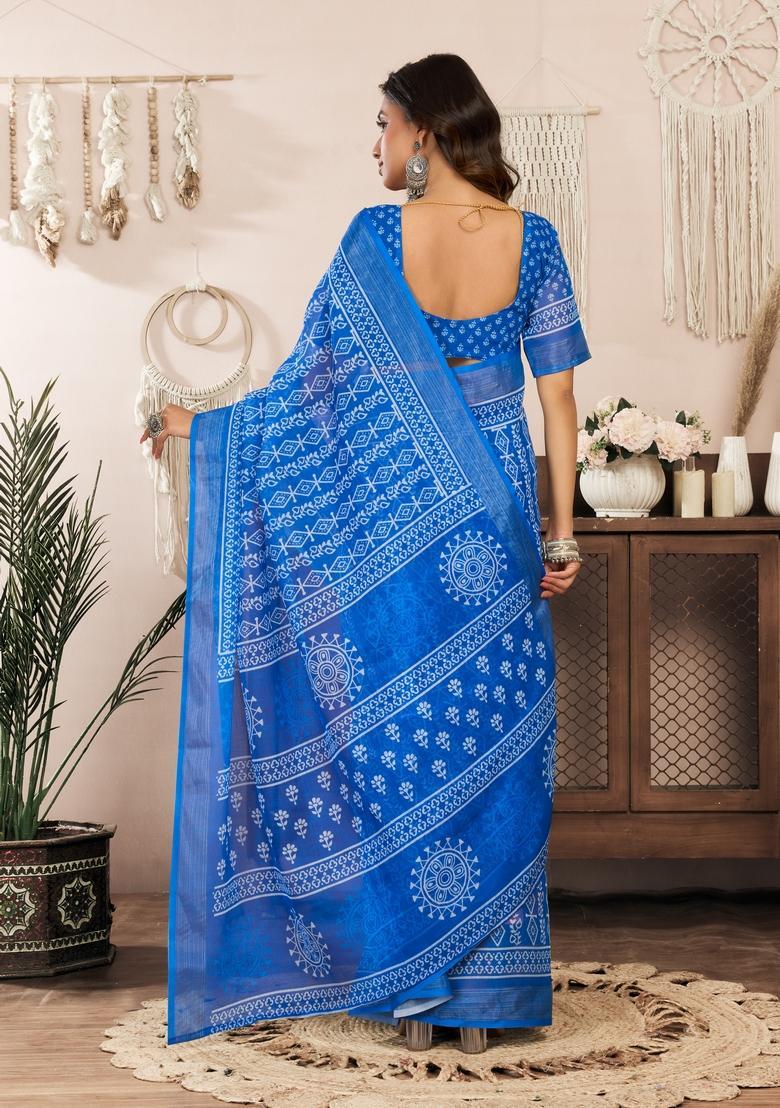 Navy Blue Printed Linen Saree Set - Indya