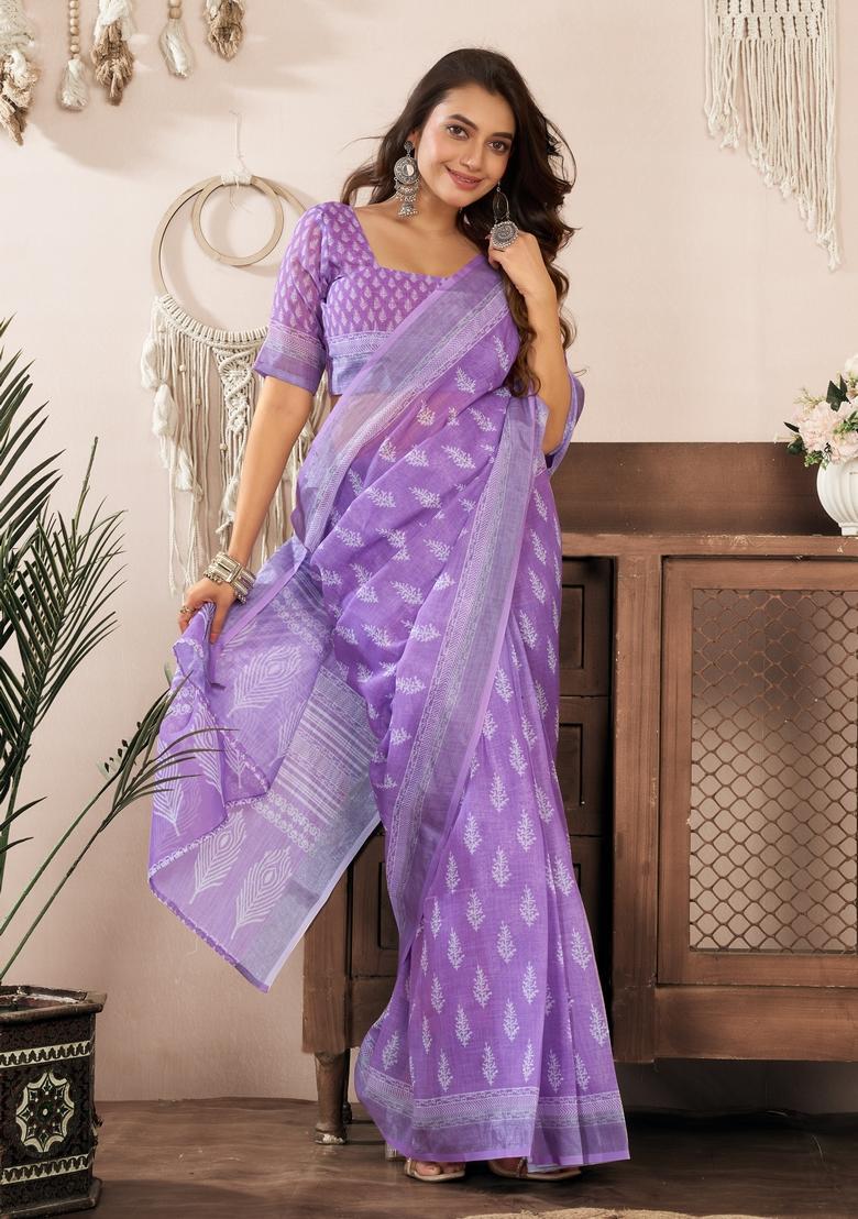 Lavender Printed Linen Saree Set - Indya