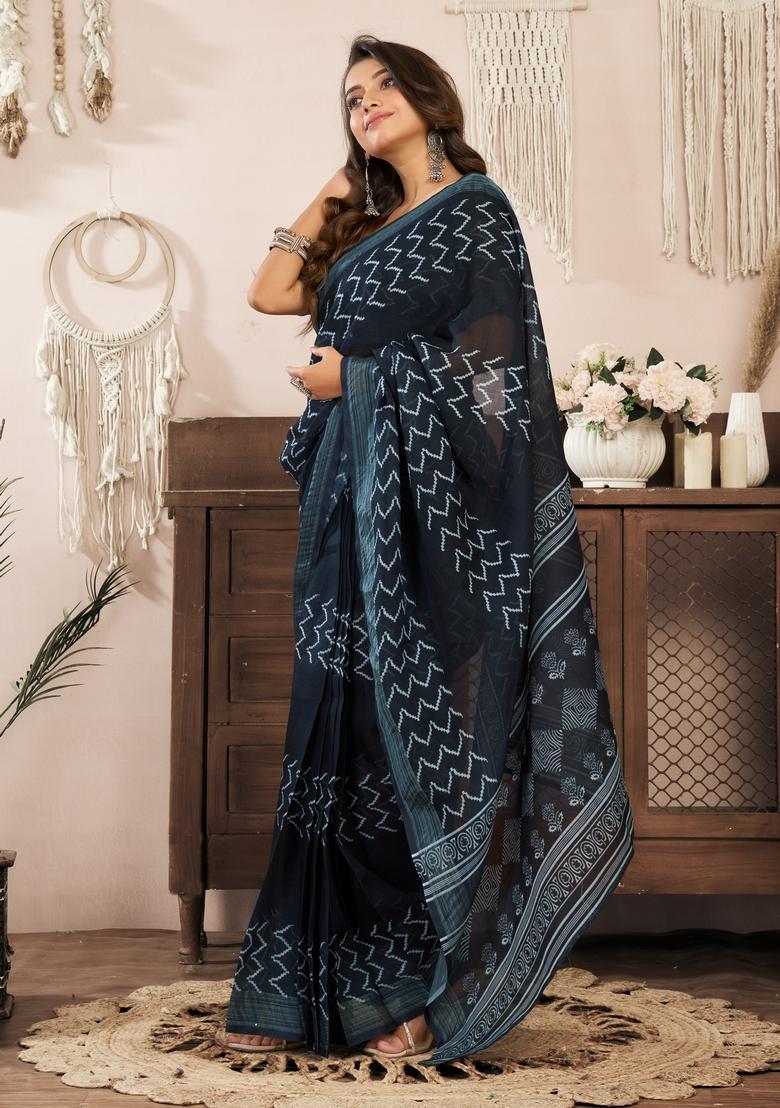 Teal Blue Printed Linen Saree Set - Indya