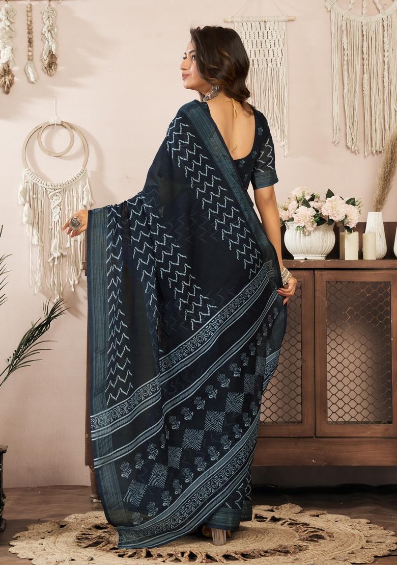 Teal Blue Printed Linen Saree Set - Indya